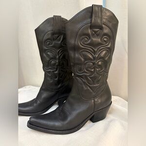 Penny Loves Kenny Black Genuine Leather Western Boots Embroidered Cowboy Sz 8.5